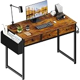 Lufeiya 40 Inch Desk with Drawers for Bedroom - 39 Inch Home Office Desks with 3 Fabric Storage Drawer and Pocket, Study Writing Table Rustic Computer Desk, Vintage Brown