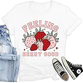 CQF Strawberry Shirt for Women Feeling Berry Good Letter Printed T-Shirt Cute Fruit Tee Casual Garden Tops