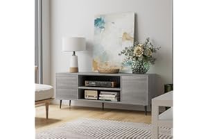 JUMMICO TV Stand for 65 Inch TV, Mid Century Modern TV Stand, Entertainment Center with Storage Cabinet and Open Shelves, TV Console Table Media Cabinet for Living Room, and Bedroom (Light Gray)