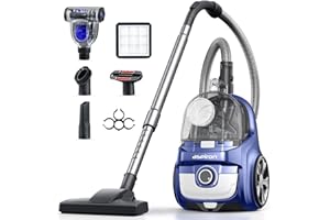 Aspiron Canister Vacuum Cleaner, 40Kpa Bagless Vacuum Cleaners, 4QT Large Dust Cup, Double HEPA Filter, Retractable Cord, 1600W Lightweight Vacuum Cleaner with 5 Tools for Hard Floors, Navy