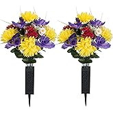 Memobloom Artificial Memorial Flowers for Cemetery: 2 Pcs Cemetery Flowers for Grave Decorations - Realistic Yellow Mums Purple Iris Bouquets with Vases for Gravisite Outdoor