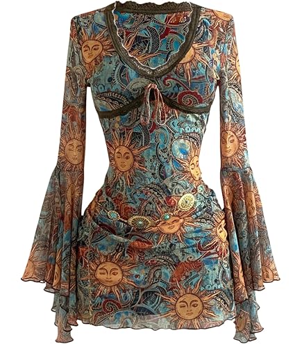 bell sleeve mini dress 70s 60's-70's 2Pc Multi Floral Print Dress & Headscarf 1X Flatters the figure Short A 70s Dress Style, Black Houndstooth