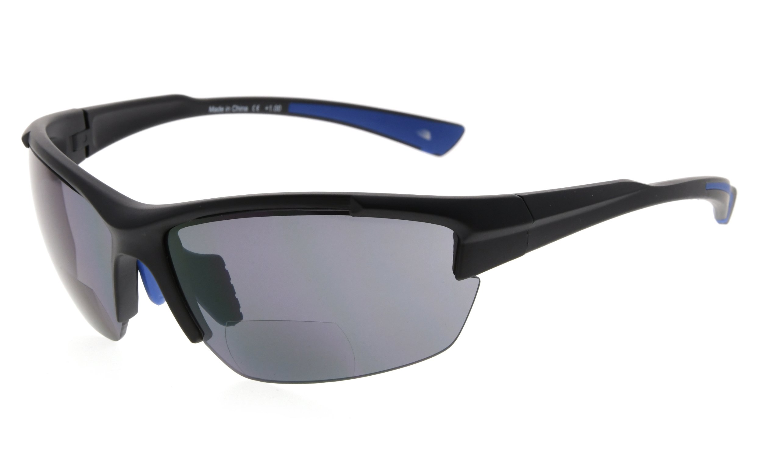 Eyekepper TR90 Sports Half-Rimless Bifocal Sunglasses Baseball Running Fishing Driving Golf Softball Hiking Readers (Black Frame Blue Temple, 2.25)