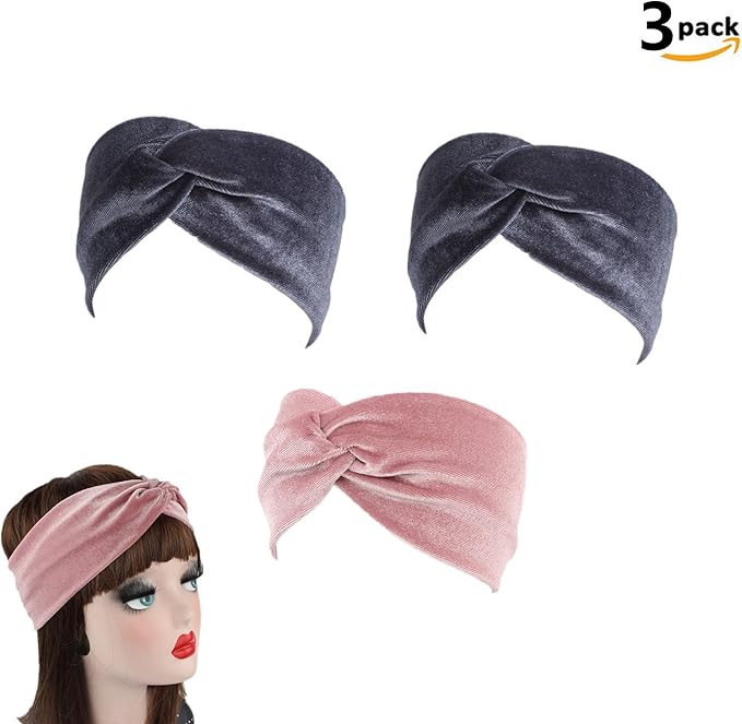 Amazon Kingsie ヘアバンド ヘッドバンド クロス ヘアターバン ベルベット おしゃれ 柔らかい ヨガ スポーツ レディース 3個セット グレー2 ピンク1 ヘアバンド ターバン 通販