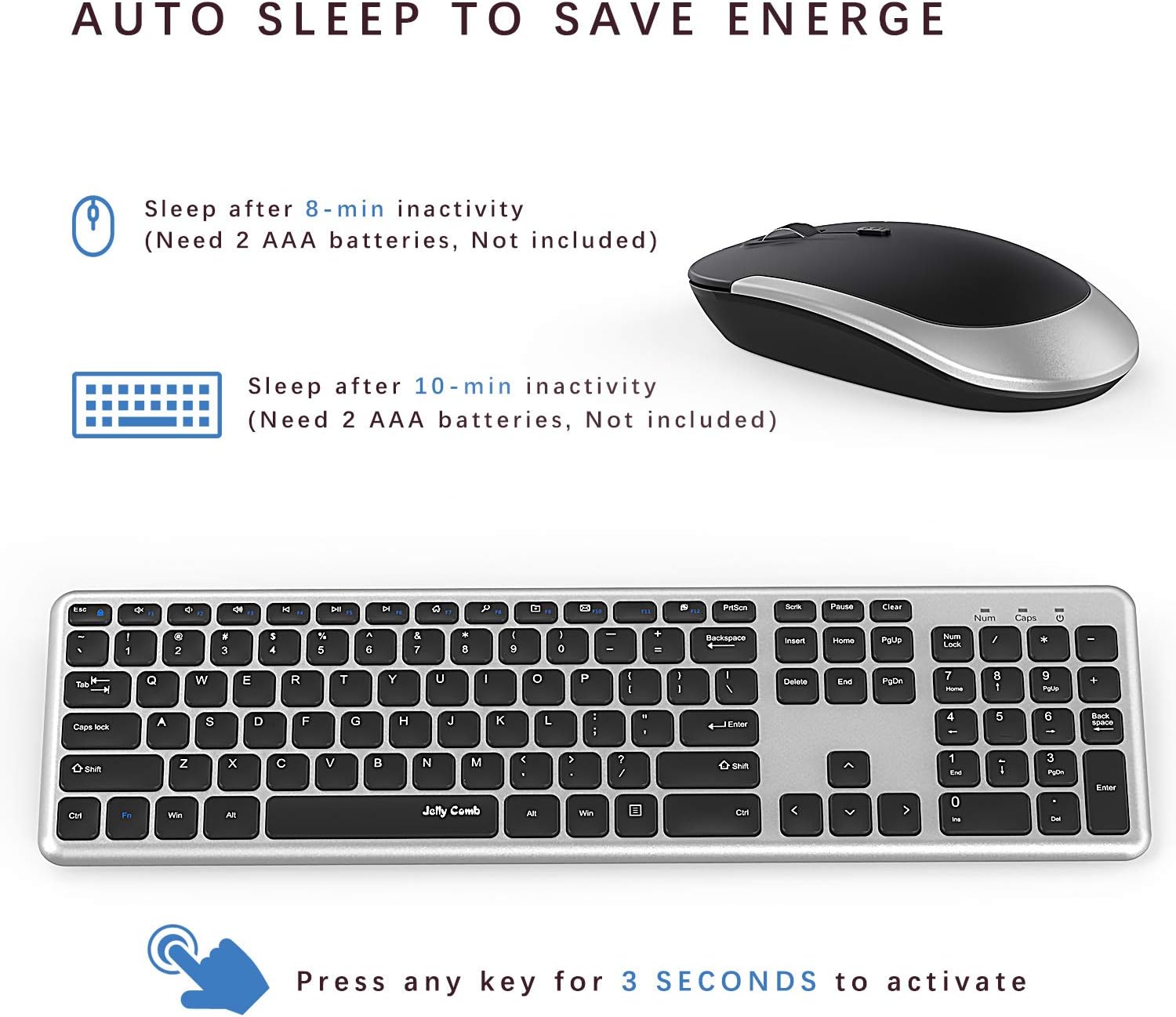 Wireless Keyboard and Mouse, Jelly Comb 2.4GHz Ultra Thin Full Size Wireless Keyboard Mouse Combo Set with Number Pad for Computer, Laptop, PC, Desktop, Notebook, Windows 7, 8, 10 (Black and Silver): Computers & Accessories