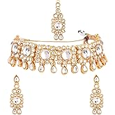Efulgenz Kundan Set Indian Jewelry Sets for Women Bollywood Jewelry Kundan Crystal Choker Necklace Dangle Earrings Maang Tikka Head Chain Wedding Bridal Jewelry for Women