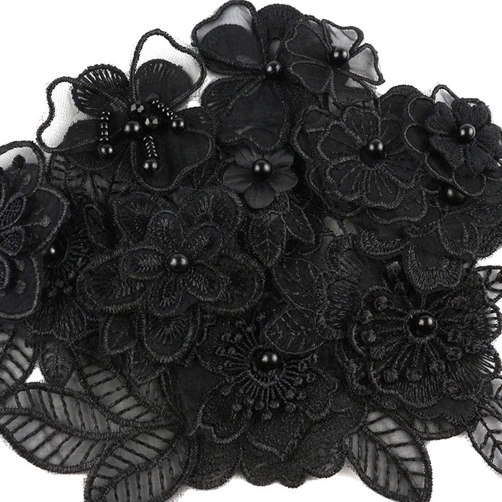 XUNHUI Black 3D Floral Embroidery Applique Beaded Pearl Tulle DIY Wedding Dress Sewing Clothing Applique Lace Costumes Decoration Patch 1Set/12Pieces - Image 3