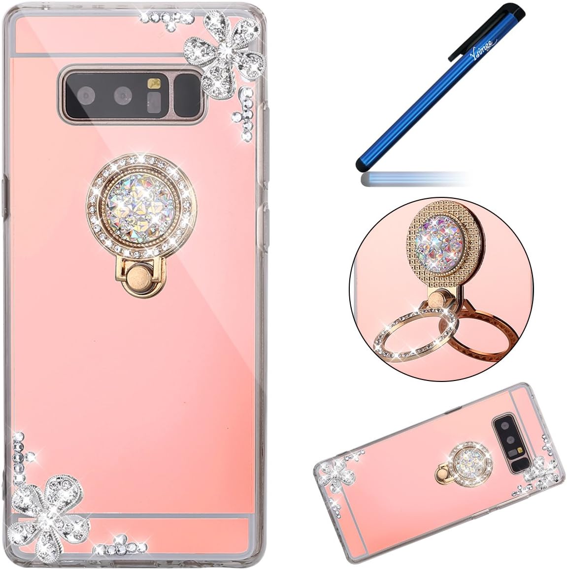 YSIMEE Covers Samsung Galaxy Note 8 Cases,Mirror TPU Silicone Protective Cases with Finger Ring Stand Support Function Bling Glitter Sparkle Bumper Ultra thin Cases for Samsung Note 8