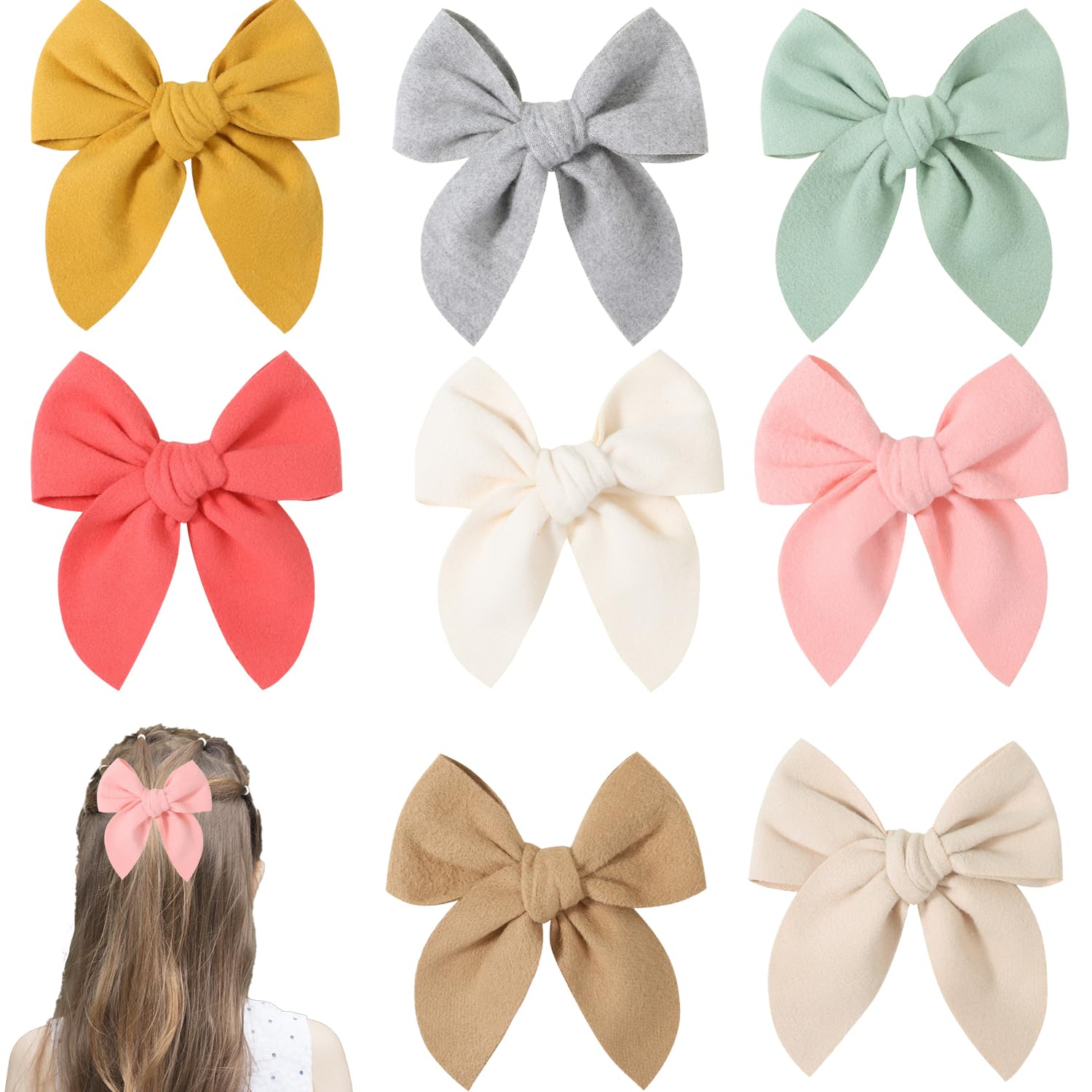 8 Pack Satin Hair Bows - Large Handmade Alligator Clip Set in Neutral Tones, Premium French Barrette Hairpins for Women & Girls, Elegant Bowknot Accessories (Assorted Colours)