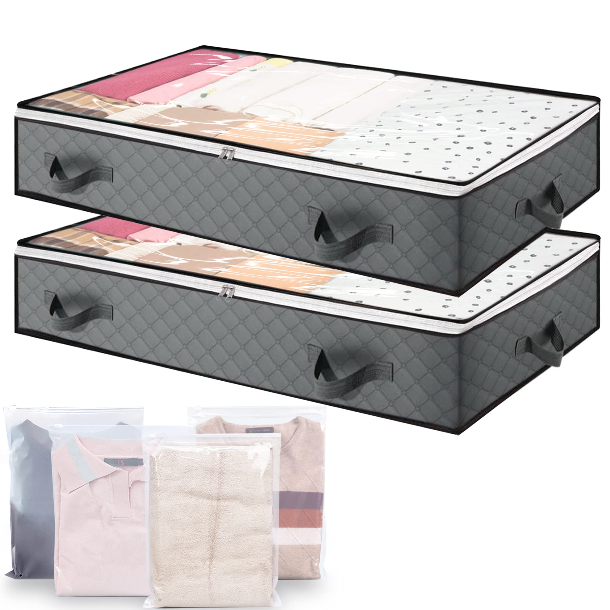 YAJIAYA 2PCS Underbed Storage Bags Foldable Large Under Bed Storage Box with 4 pcs Large Clothes Storage Bag,Under Bed Storage Bag with Reinforced Handle for Clothes Quilts Blankets Bedding