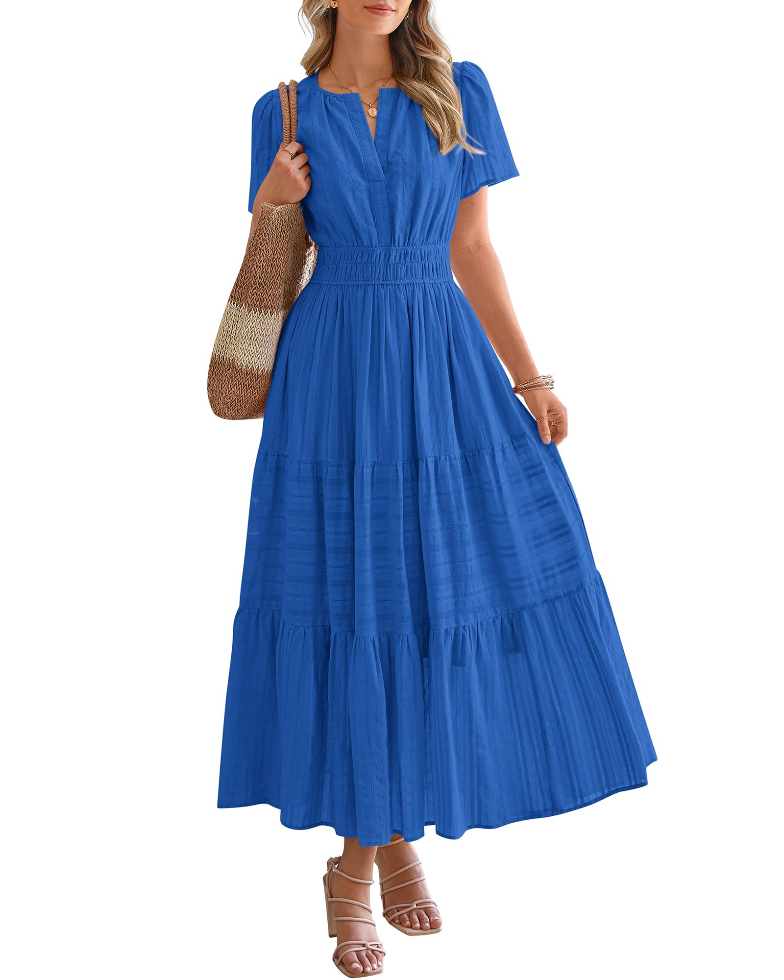 Photo 1 of BTFBM Womens Summer 2025 Casual Midi Maxi Dresses Lightweight Short Sleeve V Neck Elastic Waist Boho Beach Dress Pockets(Blue, S)