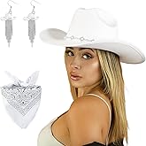 JIANGLAI Western Cowgirl Hat for Women Men, Fedora Wide Brim Rhinestone Cowboy Hat with Bandana and Cowgirl Tassels Earrings