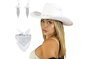 JIANGLAI Western Cowgirl Hat for Women Men, Fedora Wide Brim Rhinestone Cowboy Hat with Bandana and Cowgirl Tassels Earrings