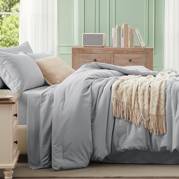 ANLUOER LIGHT GREY QUEEN COMFORTER SET 7 PIECES, BED IN A BAG WITH SHEETS, ALL SEASON BEDDING SETS WITH 1 COMFORTER, 2 PILLOW SHAMS, 2 PILLOWCASES, 1 FLAT SHEET, 1 FITTED SHEET