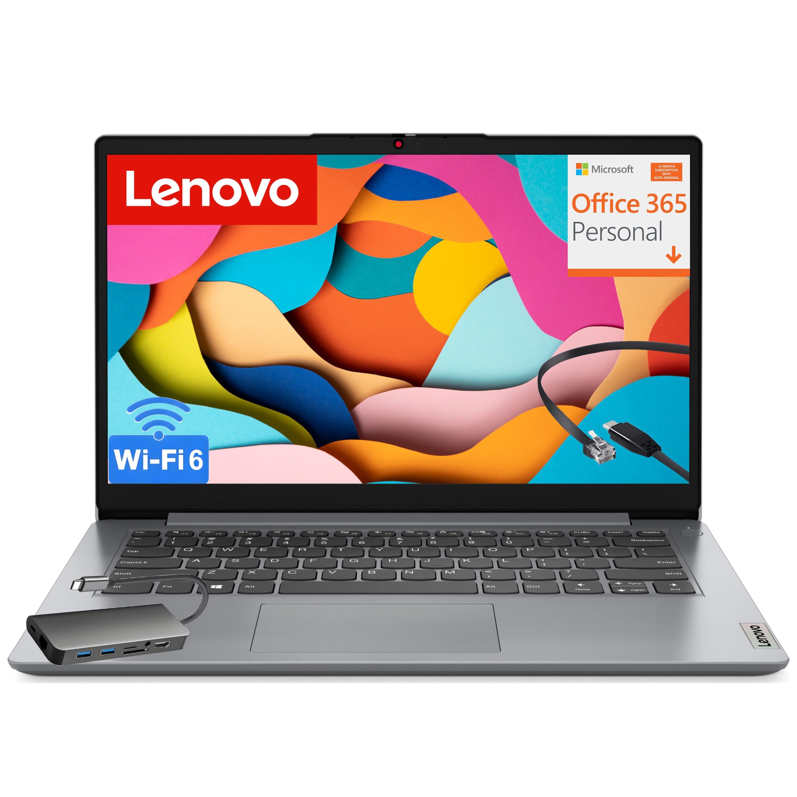 Lenovo IdeaPad Laptop for Students, 1-Year Office 365, Intel High Performance CPU, 4GB RAM, 128GB eMMC, SD-Card Reader, WiFi 6, Windows 11 S, 8 in 1 Hub, Type C RJ45 Cable Image