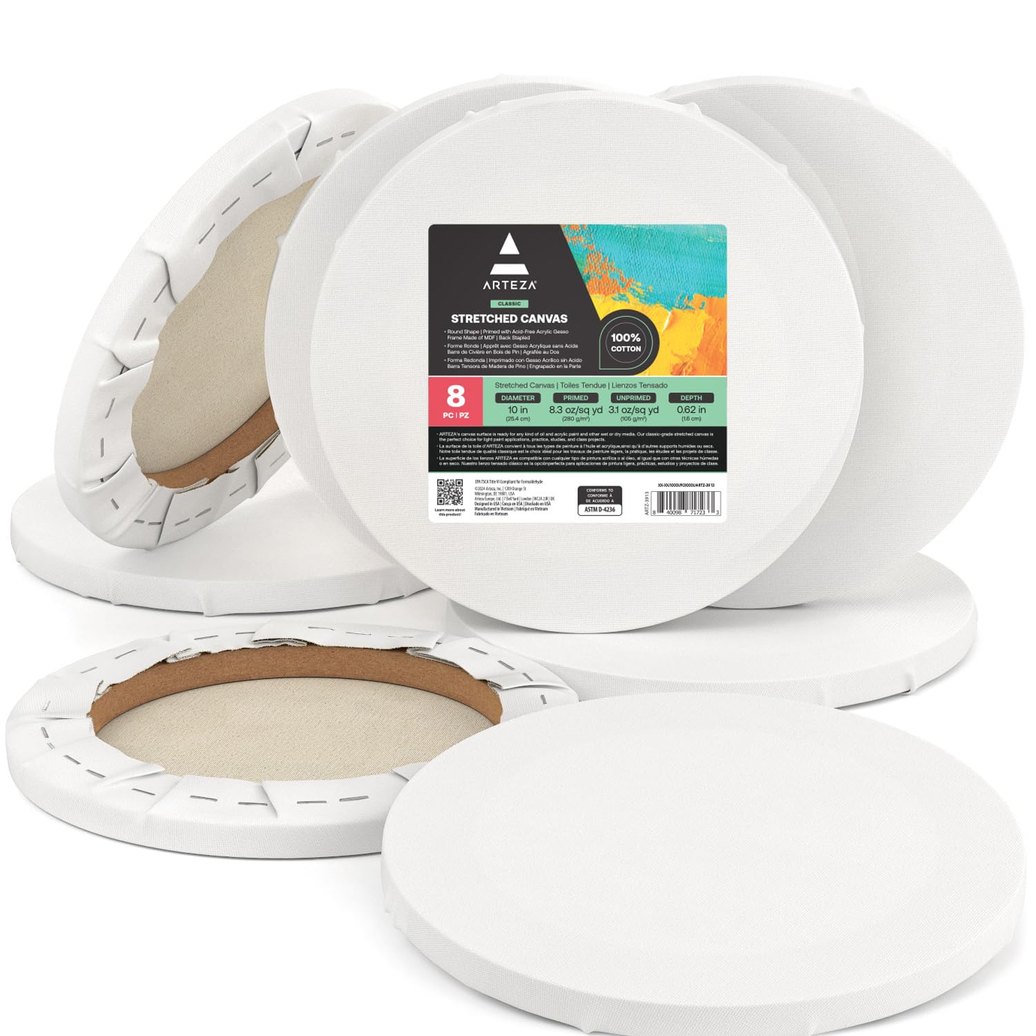 Arteza Stretched Canvas for Painting, 25.4 cm Diameter, 8 Pack, 100% Cotton, 8 oz Gesso-Primed Round Blank Canvases for Acrylic Painting and Pouring, White