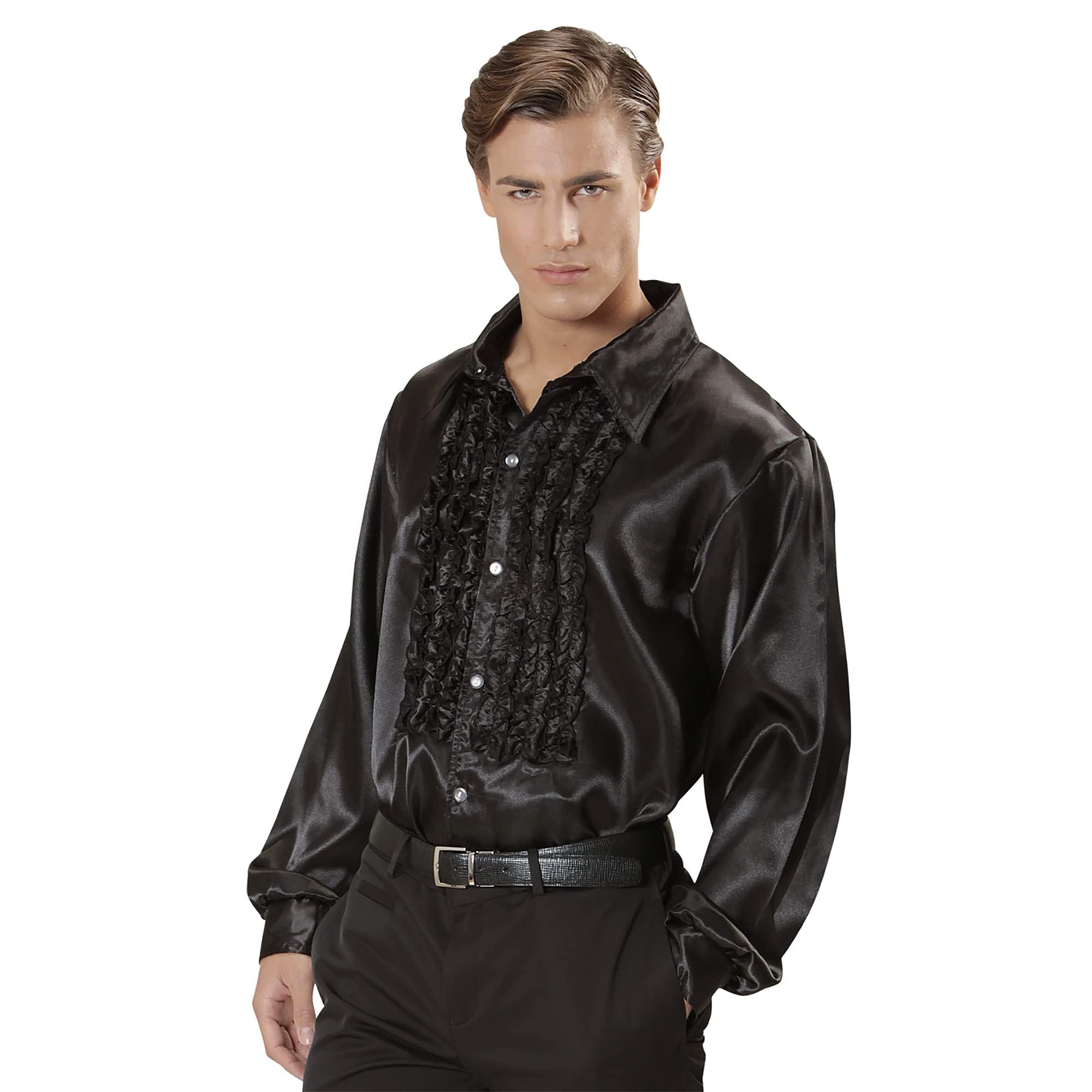 WIDMANN 01164-70s Disco Style Shirt, Adult Man, Made of Satin, With Ruffles, Carnival, Disco, Size XL, Black Color
