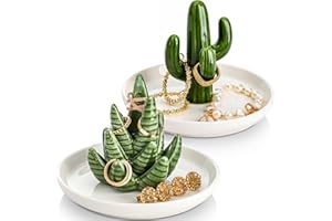 Elsjoy Set of 2 Aloe and Cactus Ring Holder Dish, Ceramic Plant Jewelry Dish Bracelet Earrings Necklace Organizer Tray, Decor
