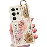 Jefonha Silicone Case for Samsung Galaxy S25 Ultra with Strap, Cute Flower Floral Phone Case for Girl Women, Adjustable Finger Strap Shockproof Protective Cover, Beige Flowers