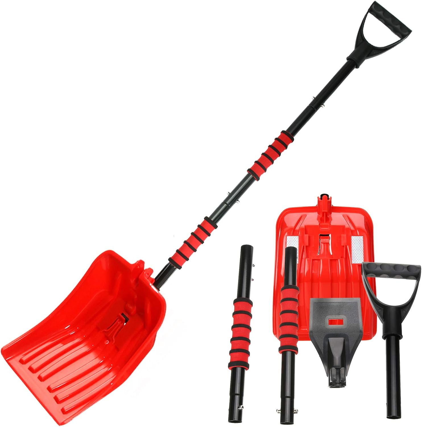 Tvird Schneeschaufel Schneeschieber Schneeräumer Schneeschippe Schneeschaufel mit D-Grip-Griff Reflektierender Streifen,rutschfest Teleskop-Stiel, ideal für Einfahrten Notfälle（Aluminium-Stiel）