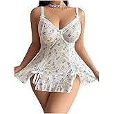 OYOANGLE Women's Plus Size 2 Piece Lingerie Set Sheer Lace Floral V Neck Split Babydoll Chemises with Thongs