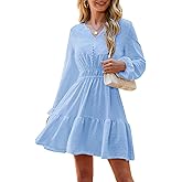 ETOSELL 2026 Womens Mini Dresses Long Sleeve Casual V Neck Empire Waist Ruffle Swing A-Line Dress with Button Decoration