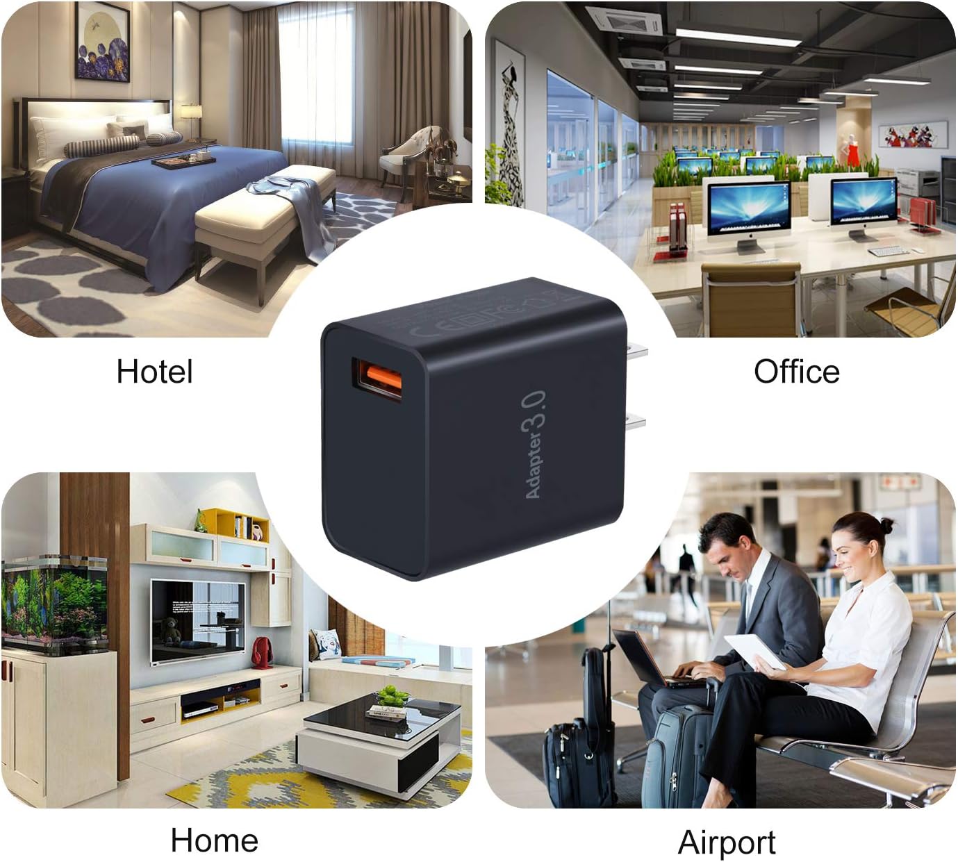 QC 3.0 Wall Charger, OKRAY 2 Pack 18W Fast Charging USB Wall Charger Power Adapter USB Plug Compatible 10W Wireless Charger, iPad Pro, Tablets, iPhone, Samsung Galaxy S10/S9/S8, LG, HTC (Black Black)