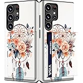 IWONE Compatible with Samsung Galaxy S25 Ultra Case Cute with Card Holder/Shockproof Slot Wallet Phone Cover for Women/Dreamcatcher Dream Catcher Flower Feather Girly