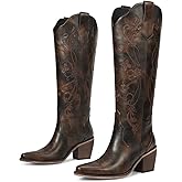 wetkiss Women Cowboy Boots Knee High Comfort Vintage Floral Embroidery, Retro Pointed Toe, Block Chunky Heel, Pull On Tabs, Ladies Western Cowgirl Boots