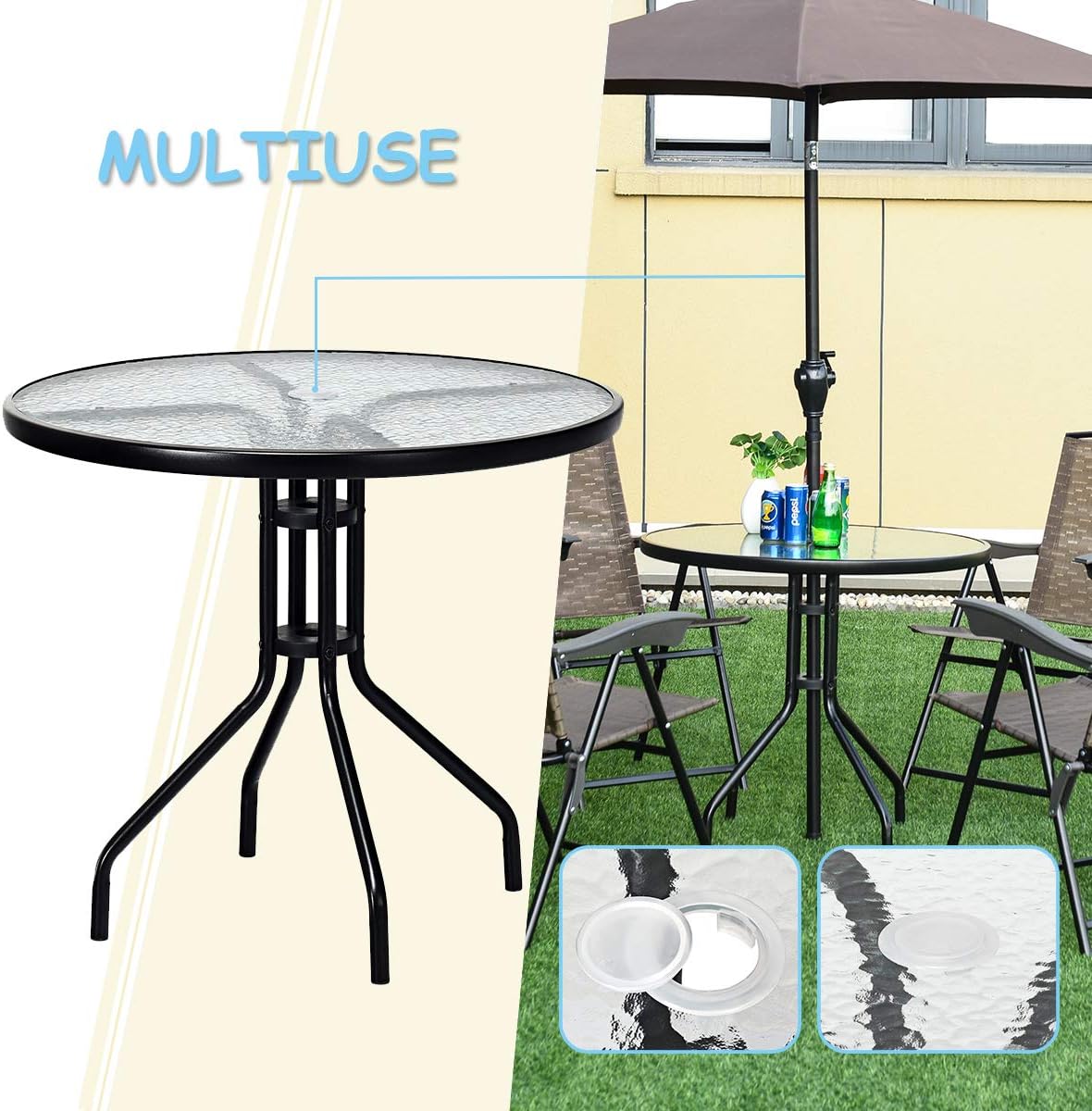 Goplus 32" Outdoor Patio Table Round Shape Steel Frame Tempered Glass Top with Umbrella Hole Commercial Party Event Furniture Conversation Coffee Table for Backyard Lawn Balcony Pool (Black): Kitchen & Dining
