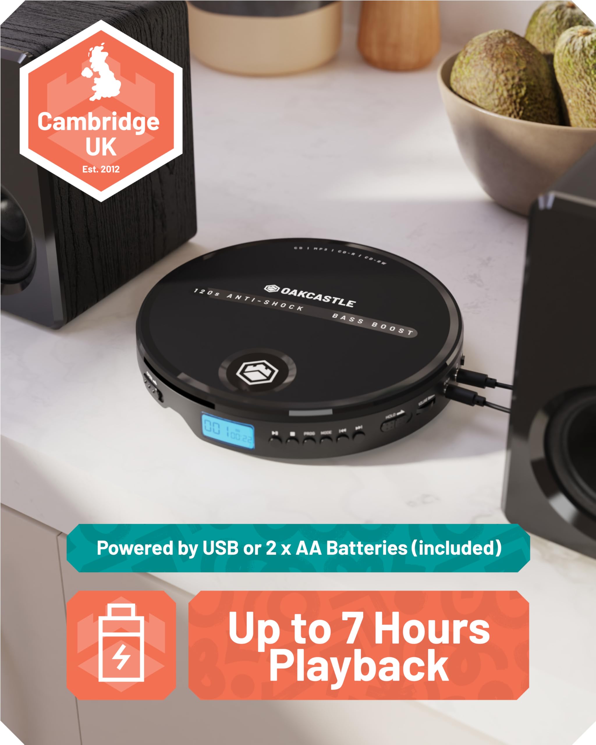 Personal CD Player | Portable Music Player with Included in-Line Control Earphones | 7 Hour Battery Playtime, in-Car AUX Compatibility | Bass Boost, Hold Lock and Anti-Skip Function | OAKCASTLE CD10