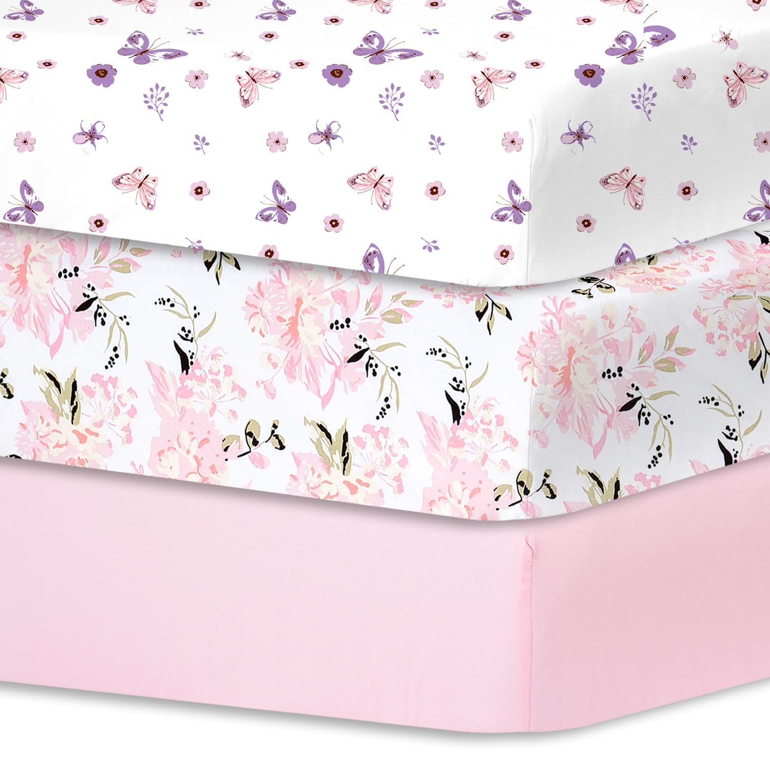 Bimocosy 3 Pack Cot Sheets,100% Microfiber- Breathable, 120 x 60cm Cozy and Lightweight Cot Fitted Sheets, Butterfly, Flower, Pink Print,Oeko-tex100