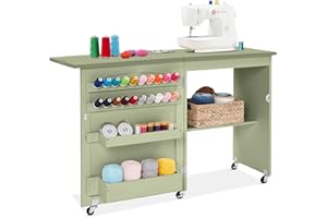 Best Choice Products Folding Sewing Table Multipurpose Craft Station & Side Desk with Compact Design, Wheels, Shelves, Storage Trays, Pegs, Magnetic Doors, Metal Doorknobs - Light Green