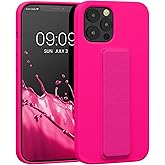 kwmobile Case Compatible with Apple iPhone 12 Pro Max - Case with Hand Strap and Stand Soft TPU Silicone Coating - Neon Pink