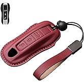 Erivis for Porsche Key Fob Cover Keychain, 3/4-Button Genuine Leather Key Shell Protector Compatible with Porsche Macan Cayenne 911 718 Panamera Taycan Boxster Accessories, Red Style B