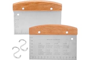 Bench Scraper Set of 2, HaSteeL Metal Dough Scraper Cutter Pastry Chopper with Wooden Handle, Heavy Duty Stainless Steel Griddle Scraper with Measuring Marks for Cooking Baking Grilling