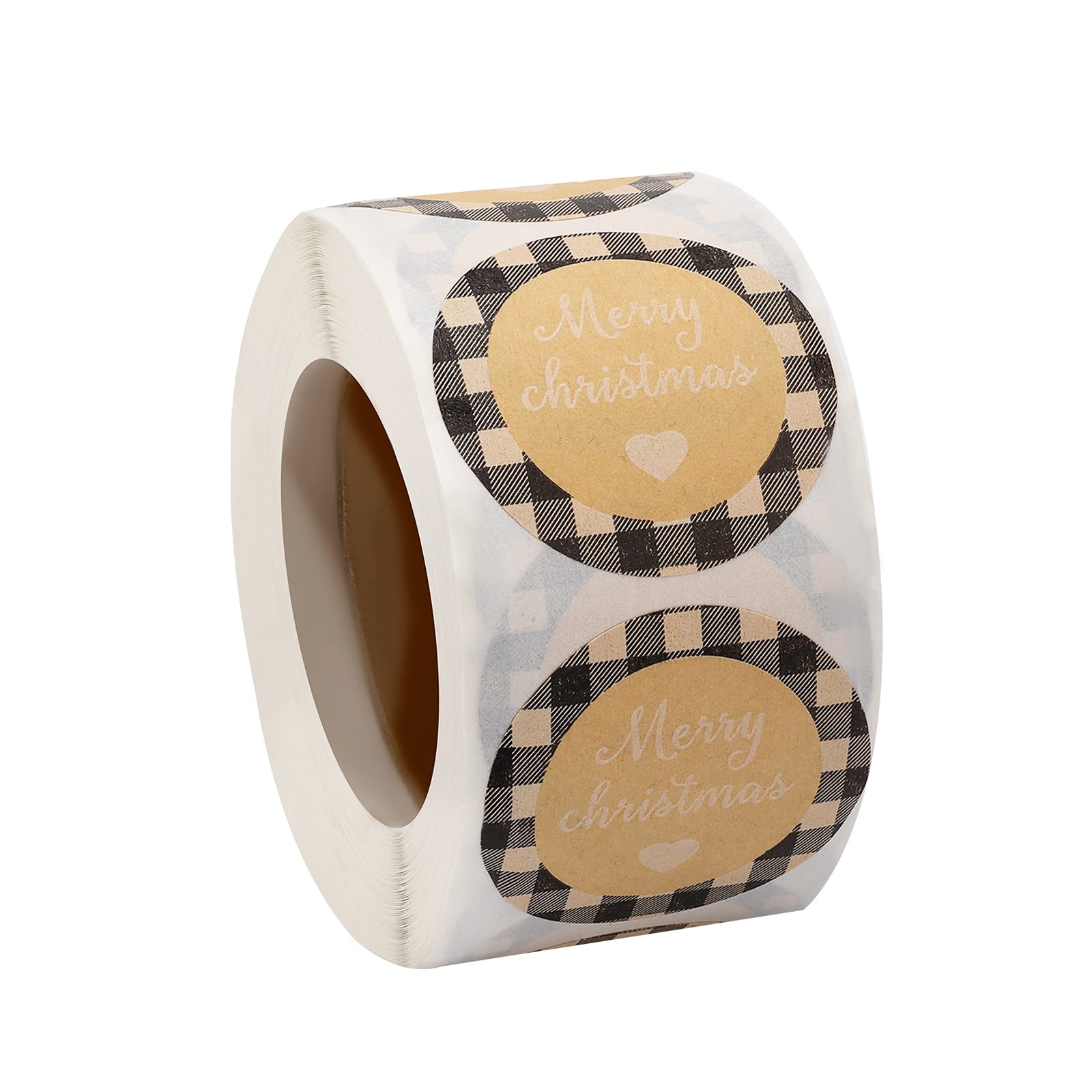 KINBOM 500pcs 1.5" Merry Christmas Circle Seal Stickers Roll, Round Labels for Tag Card Present Envelope Box Bag Decorations (Black and White Buffalo Plaid)