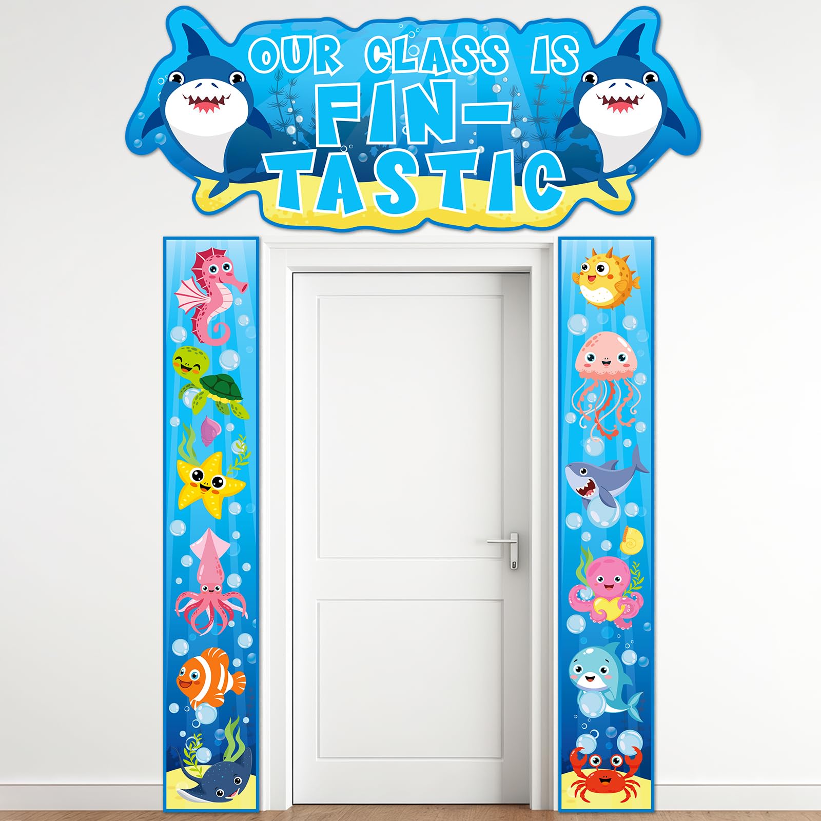 Photo 1 of 3PCS Under The Sea Door Banner Ocean Animal Classroom Door Border Decoration Our Class is Fin-tastic Porch Banner Sea Animal Hanging Supplies for School Classroom Summer Party Photo Booth Prop Door