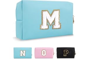 CHAOGREAT Small Personalized Initial A-Z Preppy Patch Makeup Bag,PU Chenille Letter Travel Cosmetic Pouch with Zipper,Blue Cute Toiletry Bag,Gift Ideal for Teen Girls Women Teacher Bridesmaid,Letter M