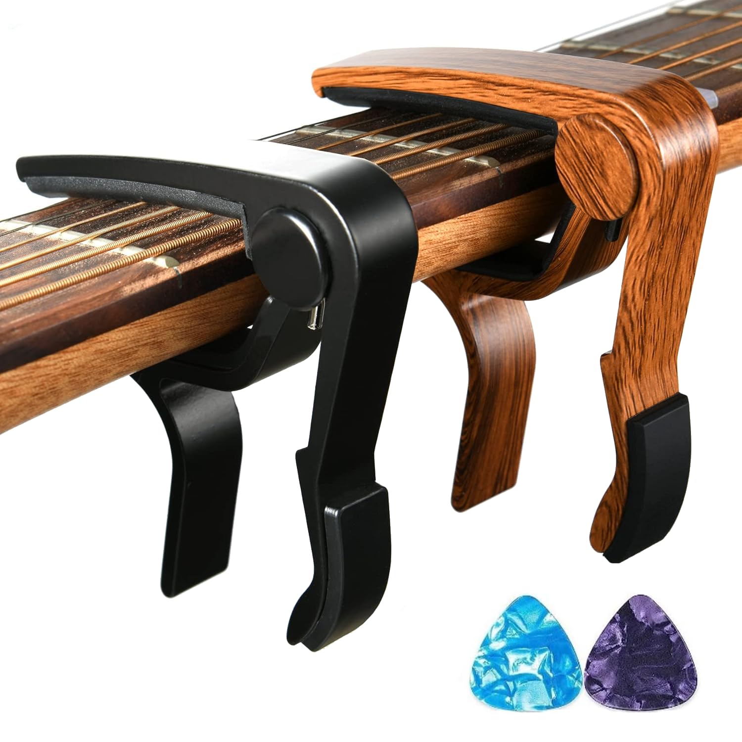 Norhogo 2 Pack Black and wood Guitar Capo for Electric Guitars, Quick Release Guitar Clip, Acoustic and Electric Guitar Capo with 2 Plectrums, for Acoustic Guitar, Ukelele, Bass