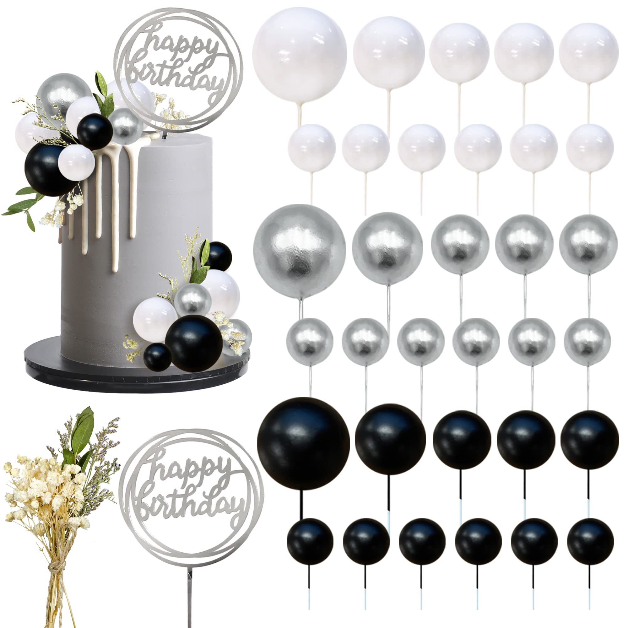 Photo 1 of 35 PCS Mini Colorful Balls Cake Topper DIY Insert Topper Artificial Dried Flowers Cake Decorations for Wedding Anniversary Baby Shower Birthday Party (White Silver Black)