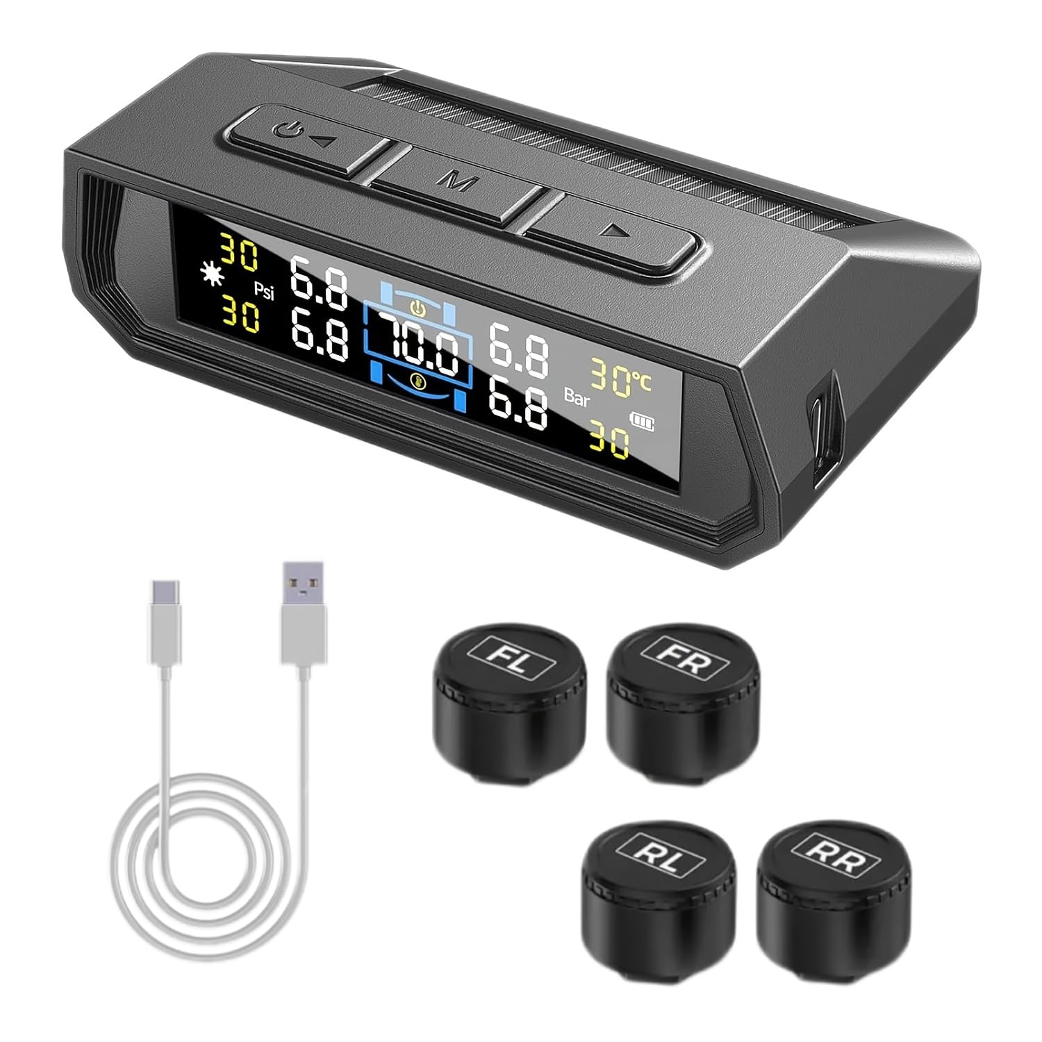 Stynxro タイヤ空気圧センサー TPMS 空気圧センサー 車両 振動感知 圧力温度 リアルタイム監視 ソーラー/USBデュアル充電 IP67防水 0-5.0バール 多車種対応 取り付け簡単 日本語音声アラーム音 の商品画像