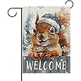 Dyrenson Welcome Winter Squirrel Decorative Garden Flag, Farmhouse Pine Tree Snowflake Yard Outside Home Decoration, Rustic Christmas Burlap Outdoor Small Decor Double Sided 12 x 18