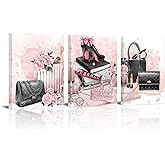 Kalormore Pink Fashion Accessories for Woman Picture Poster High Heel Shoes Pearl Crown Handbag Perfume Canvas Prints Artwork for Girl Bedroom Makeup Room Wall Decoration 3 Pieces (12x16x3)