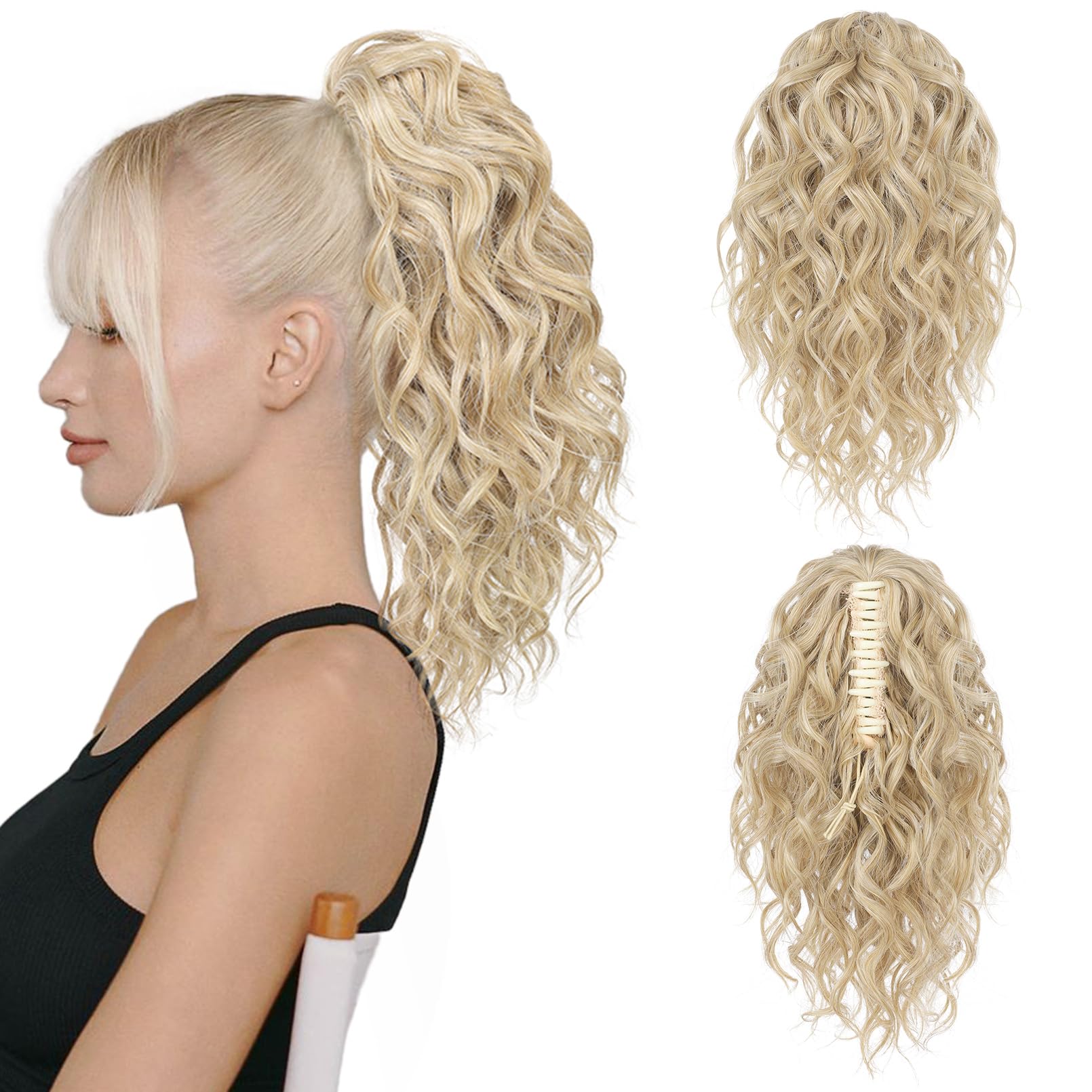 Flufymooz 12" Short Claw Ponytail Extension Wavy Curly Jaw Clip in Pony tails Hair Extension Natural Synthetic Hairpiece for Women (Cool Blonde)