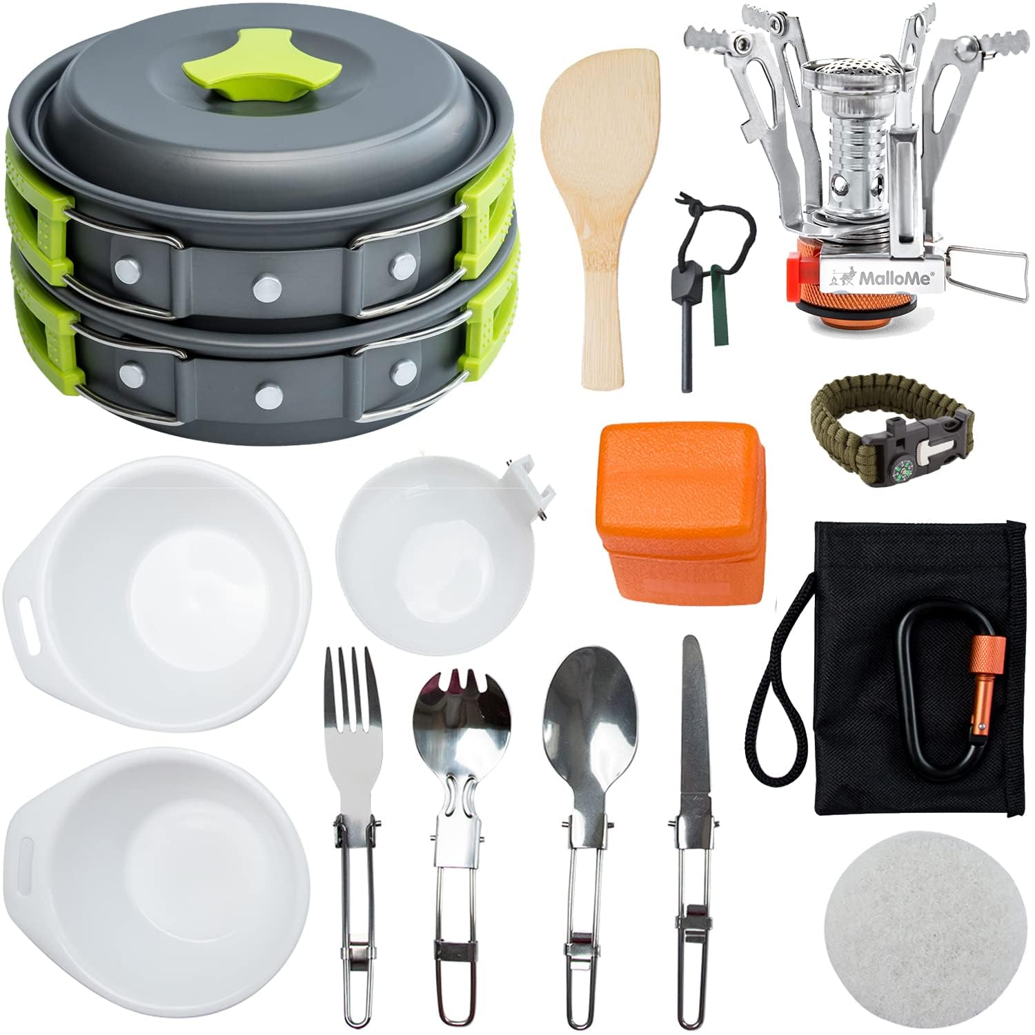 Photo 1 of MalloMe Camping Cookware 18pc Mess Kit w/Backpacking Stove – Camping Cooking Set for Backpacking Gear - Camping Pots and Pans Set w/Camping Pot Pan Stove Utensils Camp Kitchen Equipment Accessories