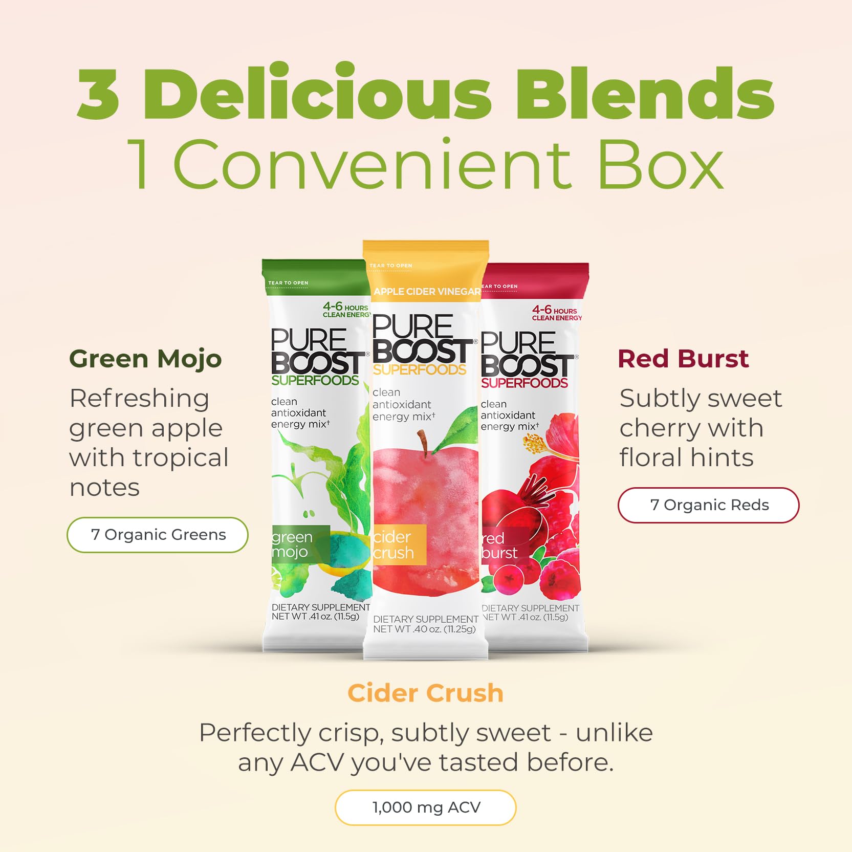 Pureboost Clean Energy and Superfoods Bundle. 60 Stick Packs Boosted with B12, Vitamin C and More. Fruity Combo Pack + Superfoods Combo Pack which Includes 7 Organic Superfoods + Apple Cider Vinegar