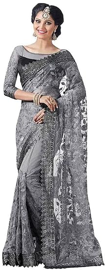 Womens Net Saree with Blouse Piece (Grey)