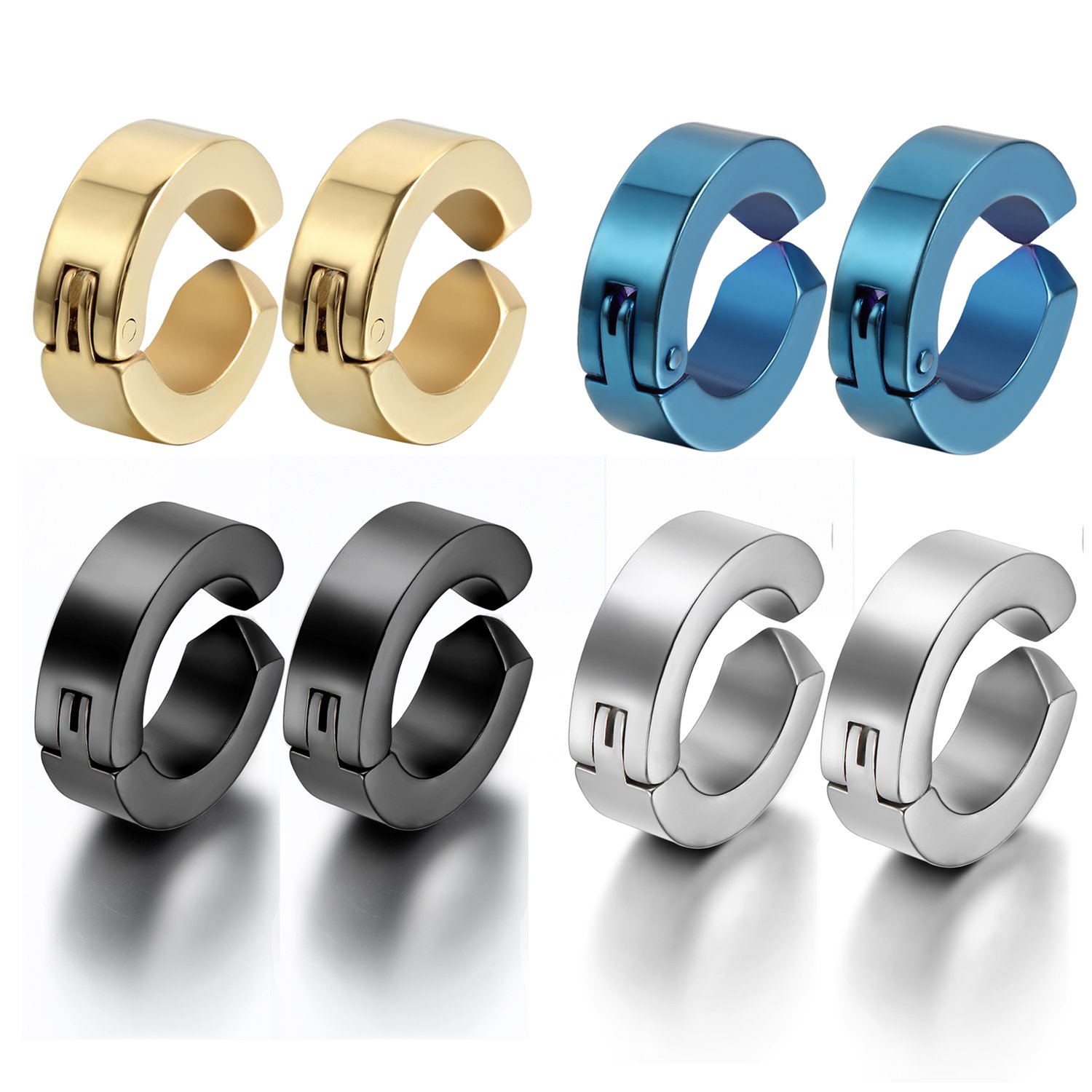 Oidea 8pcs Assorted Color Stainless Steel Mens Womens Non-Piercing Earrings, Clip on Non Piered Hinge Hoop Earrings,Hypoallergenic