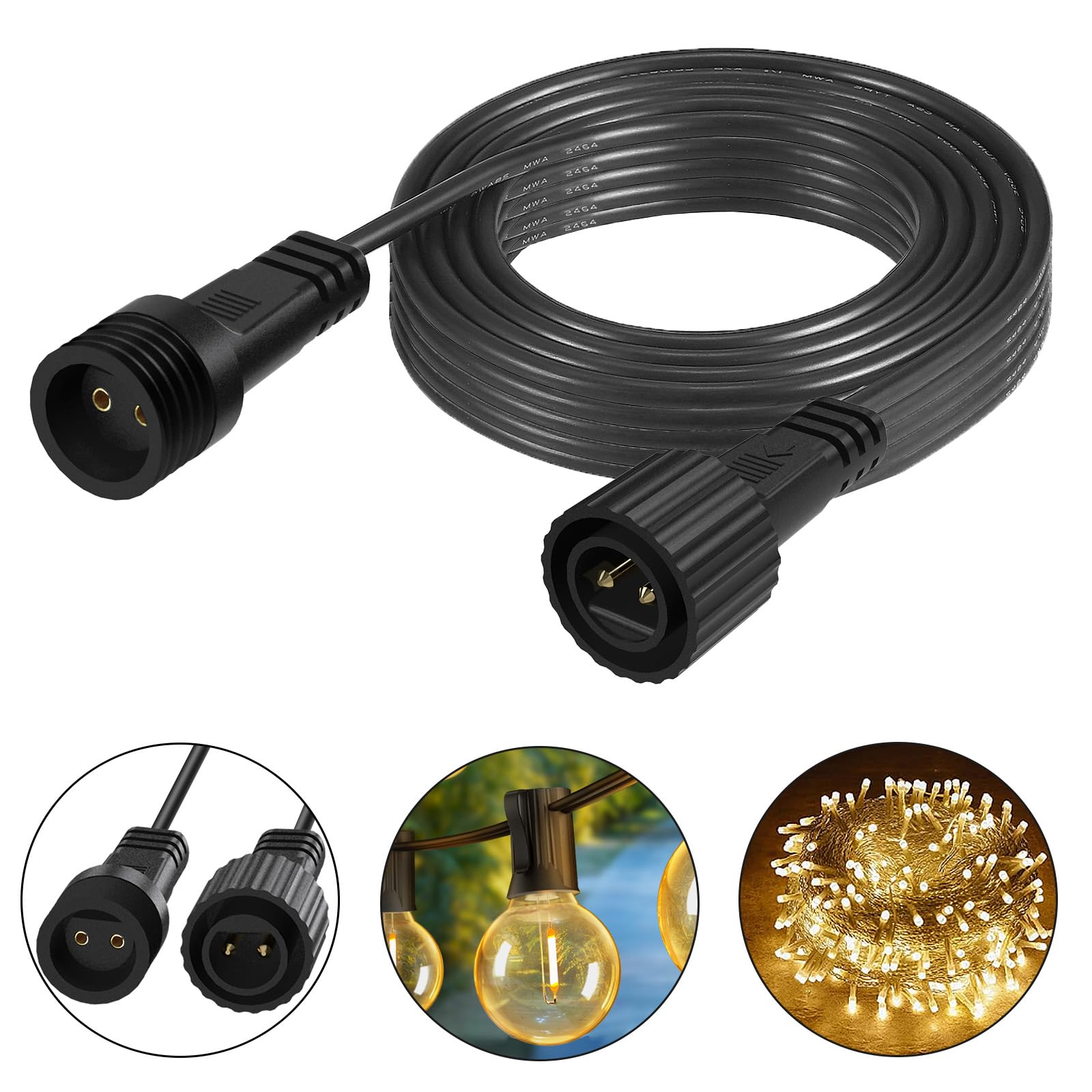 FFZZKJ Extension Cable for Christmas Lights 16.4Ft/5M String Lights Extension Cord 2Pin IP65 Waterproof Anti-Corrosion for Christmas Lights String, and Most LED Fairy Lights, Black